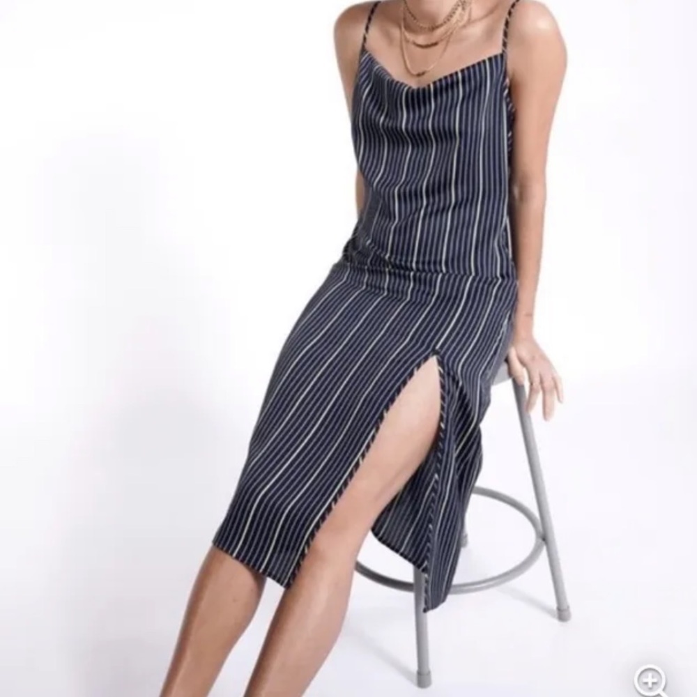 New BP + White Fang Navy Green Stripe Satin Square Neck Midi Slip-dress | XS